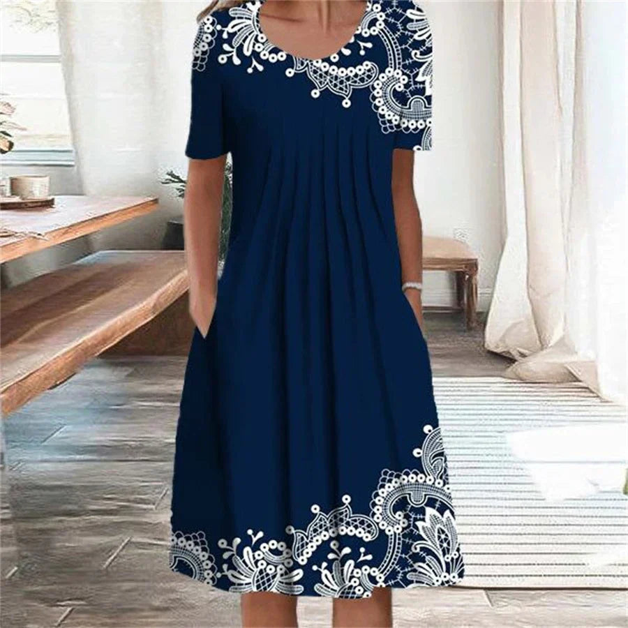 Round Neck Short Sleeve Floral Print Pleated Pocket Midi Dress 5
