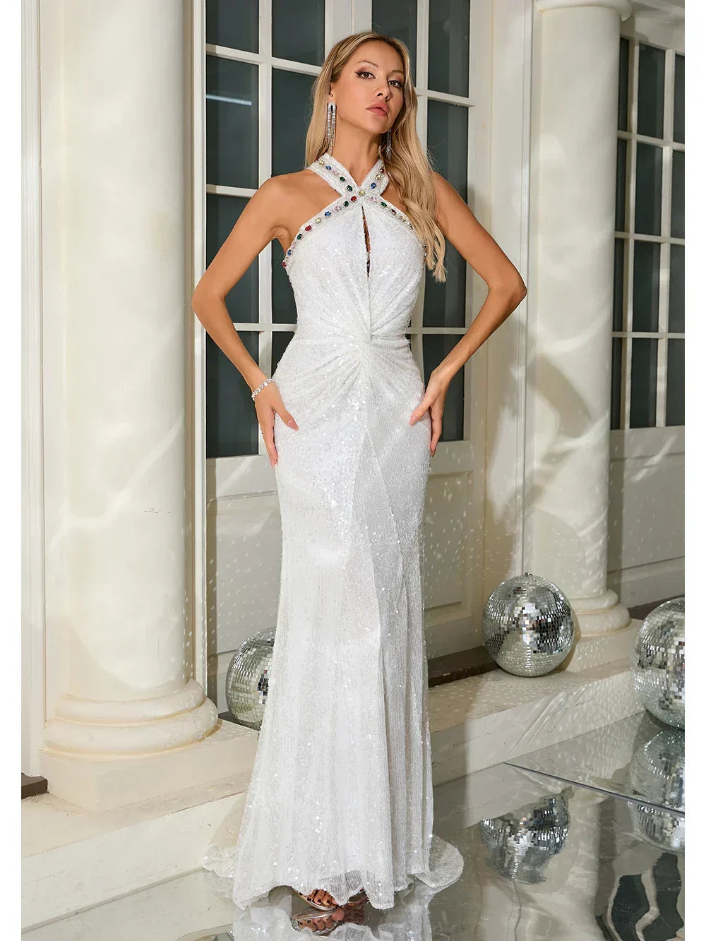 Halter Keyhole Rhinestone Trim Ruched Waist Sequin Mermaid Maxi Gown
