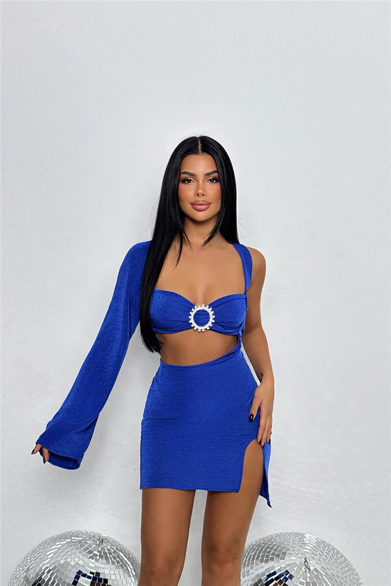 Sweetheart Neck One Shoulder Bell Sleeve Cutout Mini Dress 12