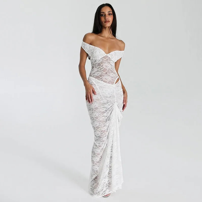 Off Shoulder Lace Sweetheart Neck Ruched Cutout Maxi Dress