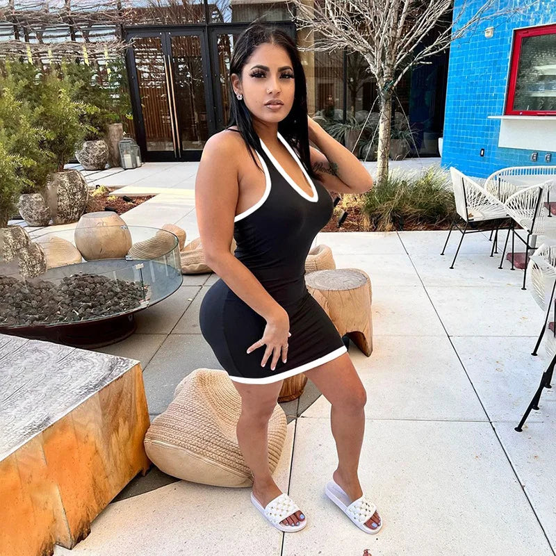 Deep V Halter Neck Contrast Trim Binding Bodycon Mini Dress 3