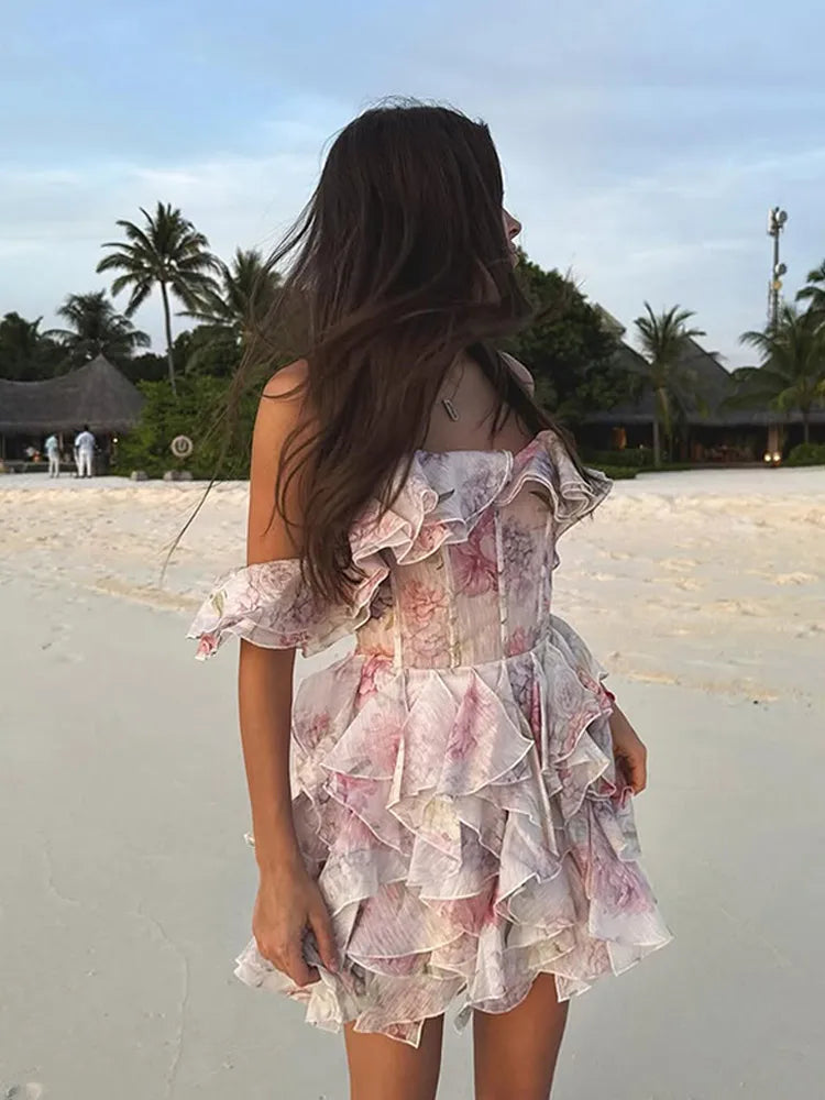 Floral Print Off Shoulder Tiered Ruffle Flounce Chiffon Mini Dress 2
