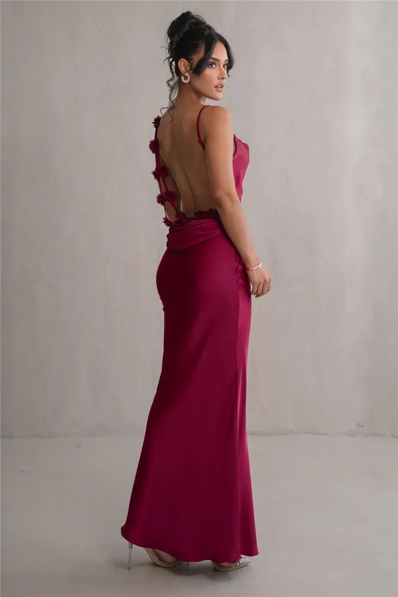 Spaghetti Strap Floral Applique Cowl Back Satin Maxi Dress 28