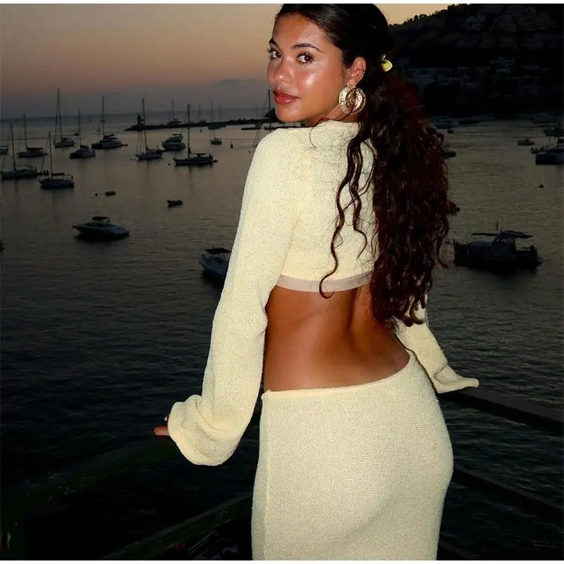 Crew Neck Cutout Twist Waist Side Slit Boucle Knit Maxi Dress 16