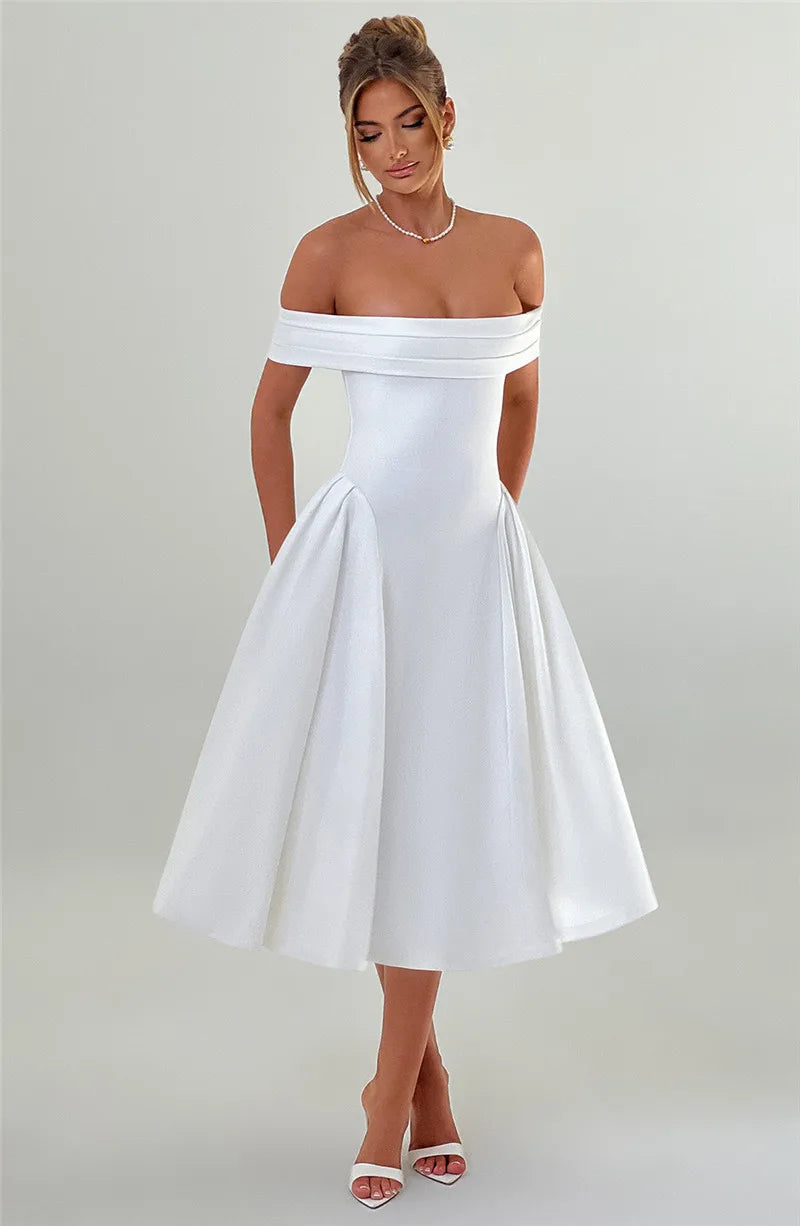 Off-Shoulder Folded Band Box Pleat Flare Midi Dress 7