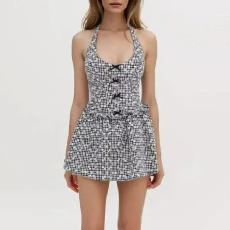 Gingham Bow Front Halter Ruffle Trim A-Line Mini Dress