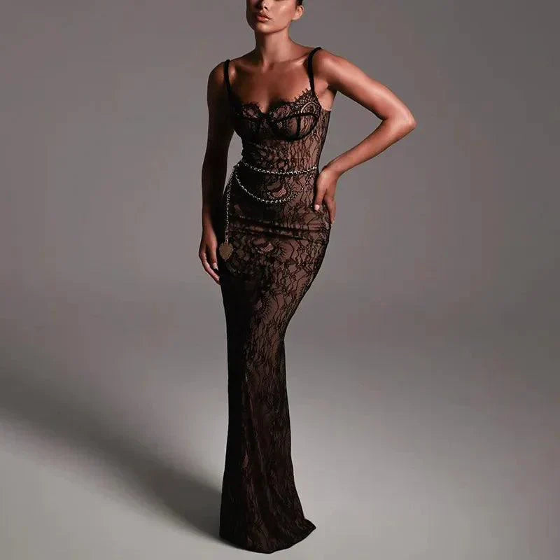 Sweetheart Neck Spaghetti Strap Lace Corset Chain Belt Maxi Dress 3