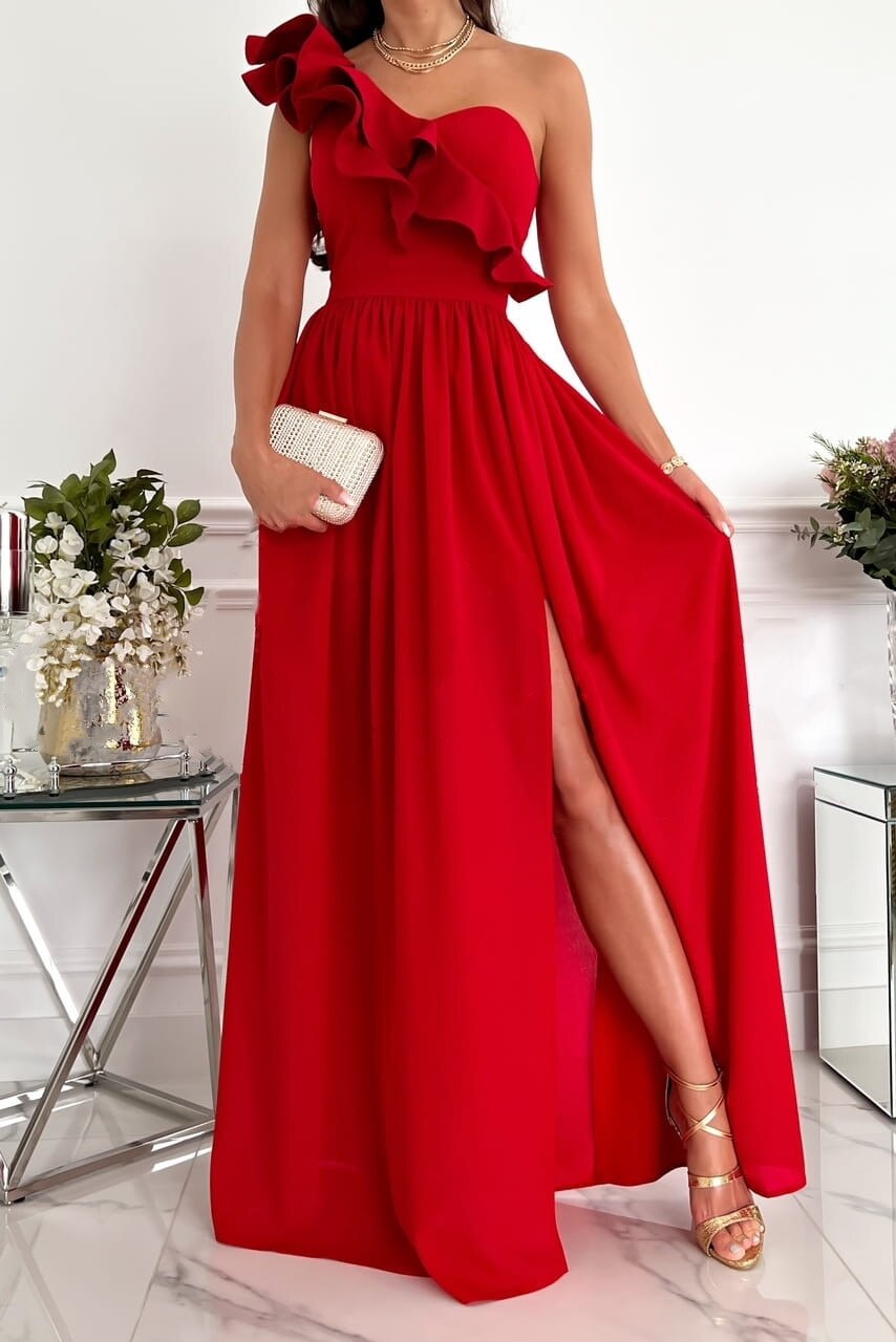 One Shoulder Ruffle Bodice High Slit Pleated Maxi Gown 2