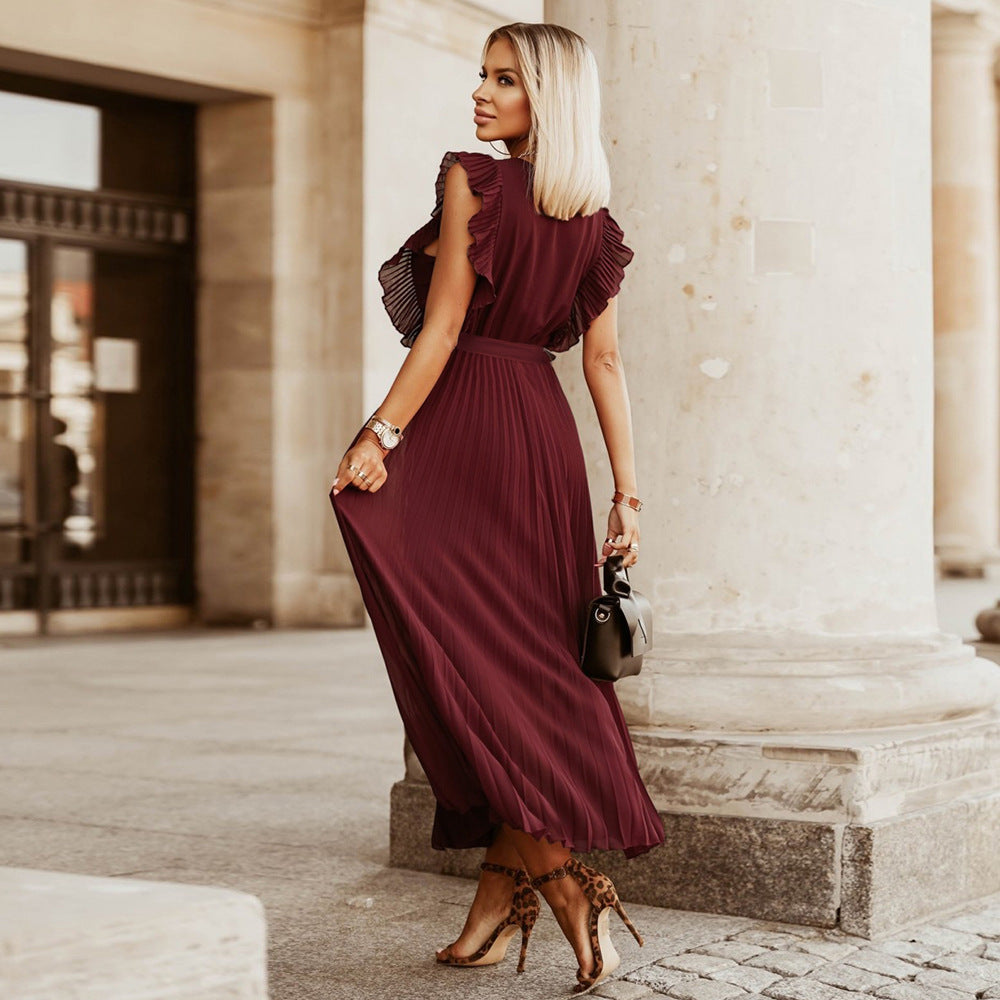 Deep V Ruffle Shoulder Belted Accordion Pleat Chiffon Maxi Dress 2