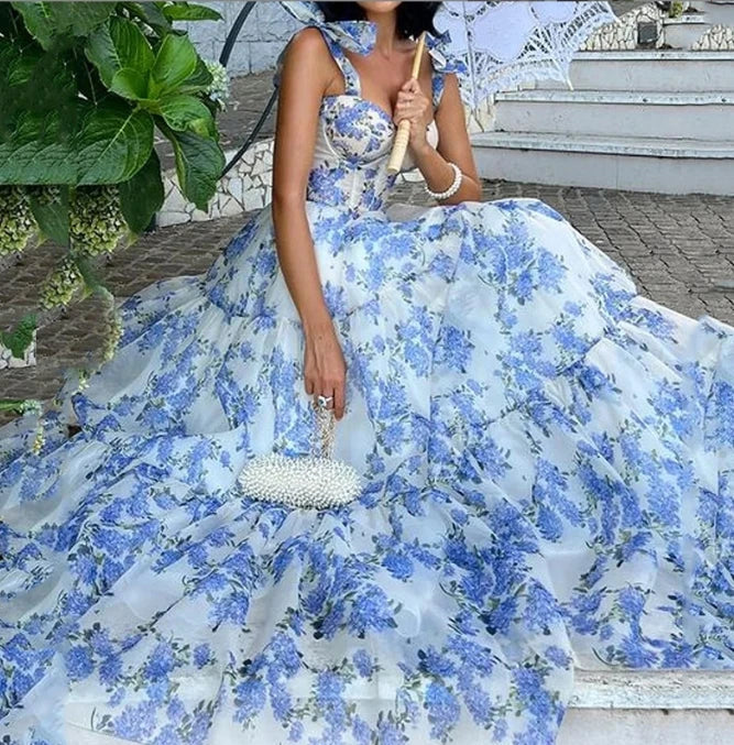Floral Print Corset Bow Shoulder Strap Tiered Ruffle Ball Gown Maxi Dress