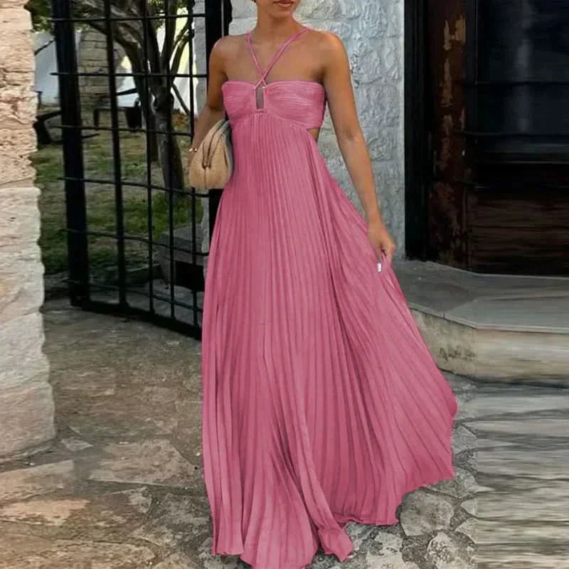 Halter Criss Cross Cutout Waist Sunray Pleat Maxi Dress 3