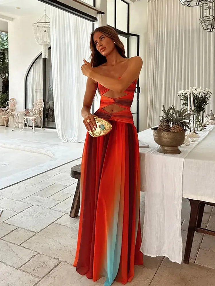 Pleated Tulle Strapless Twist Knot Cut Out Tiered Maxi Dress 4