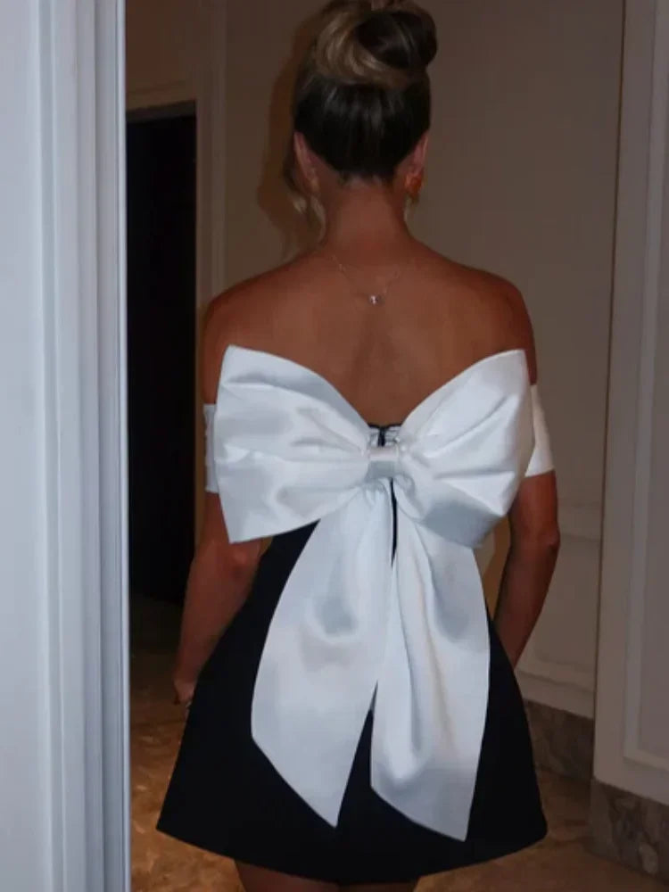 Off Shoulder Draped Fold Bodice Contrast Bow Back A-Line Mini Dress 6