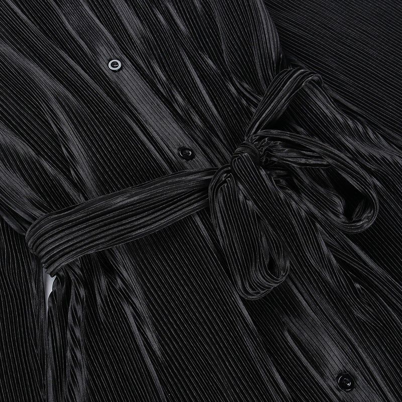 Collared Button Front Pleated Tie Waist Shirt Mini Dress 13