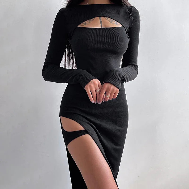 Ribbed Knit Chest Cutout Side Slit Hip Strap Detail Midi Dress 2