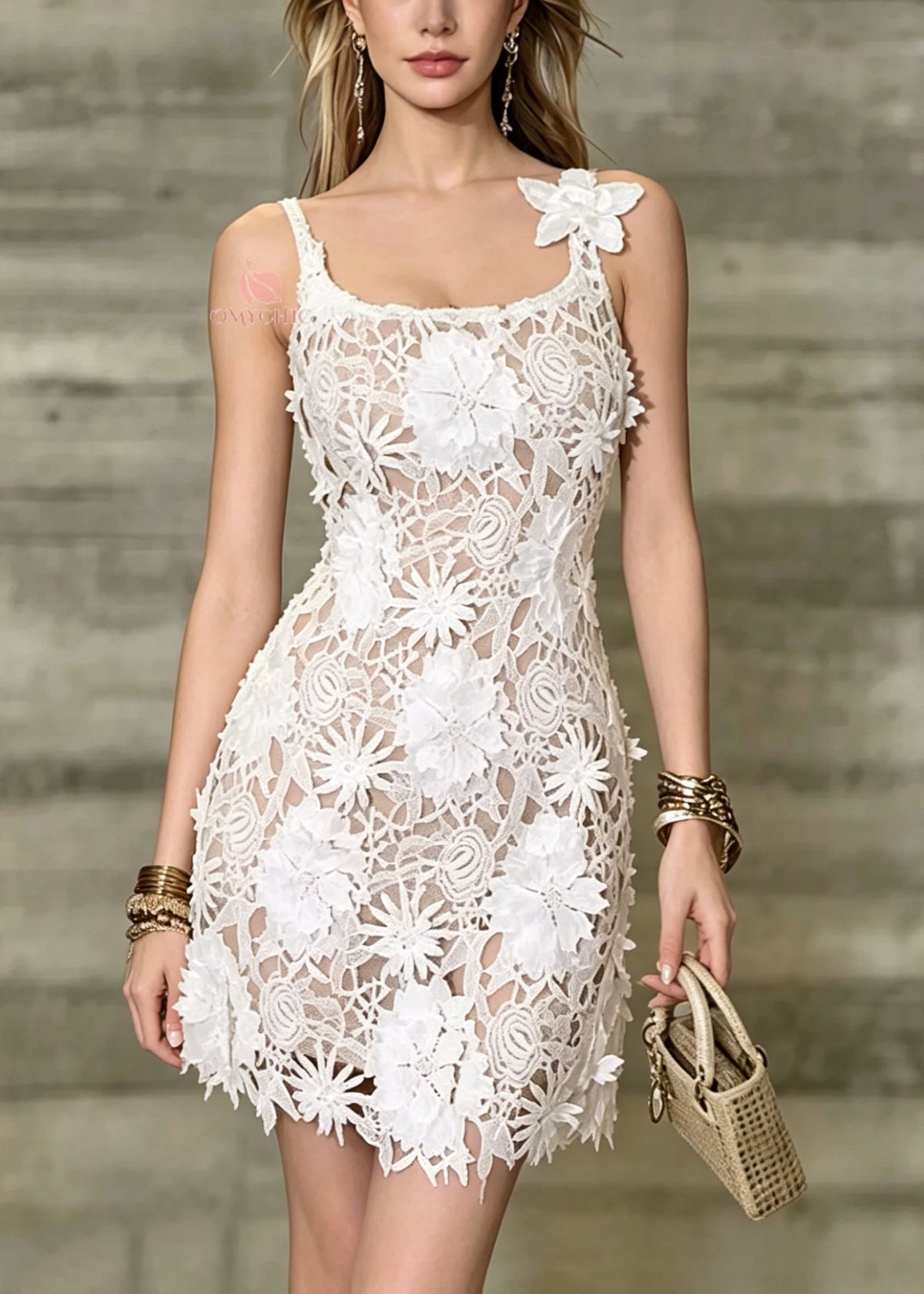 Floral Applique Guipure Lace Scoop Neck Spaghetti Strap Mini Dress 3