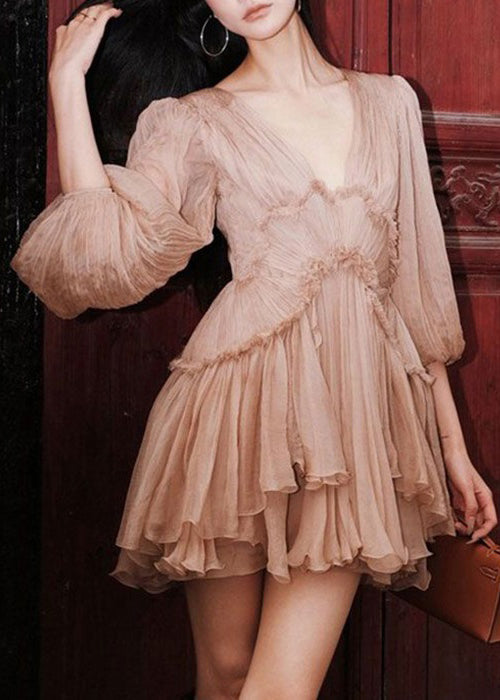 Deep V-Neck Sunburst Pleated Ruffle Trim Balloon Sleeve Layered Mini Dress 2