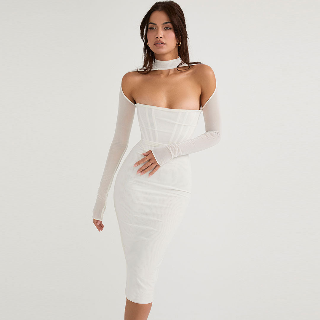 Corset Choker Neckline Cutout Shoulder Mesh Midi Dress