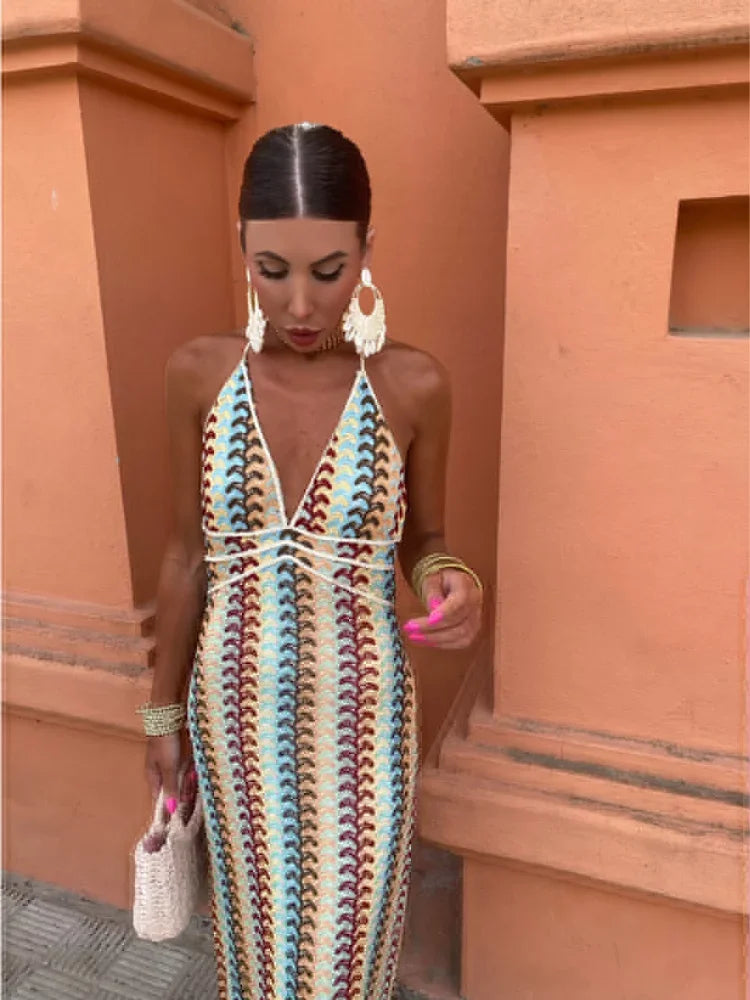 Halter Deep V Neck Multi Strap Crochet Chevron Maxi Dress 4