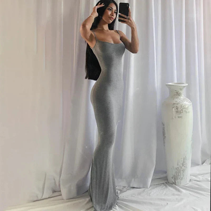 Spaghetti Strap Scoop Neck Ribbed Bodycon Floor Length Maxi Dress 9