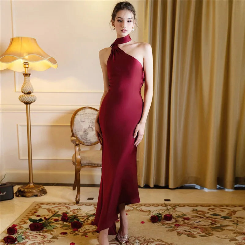 Scarf Collar One Shoulder Satin Mermaid Maxi Gown