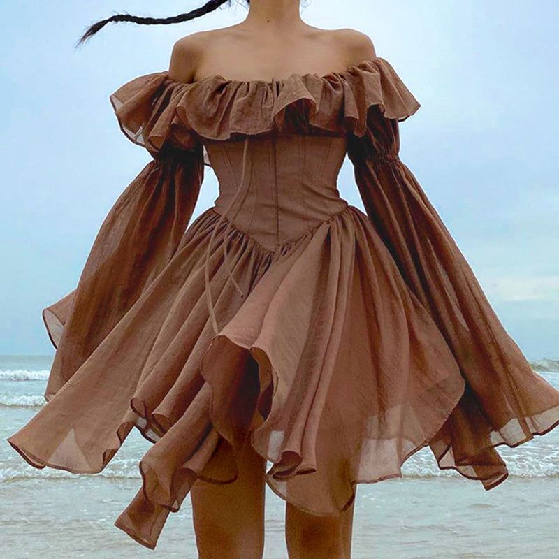 Off-Shoulder Corset Ruffle Trim Balloon Sleeve Handkerchief Hem Mini Dress