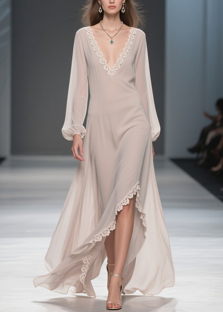 Deep V-Neck Lace Trim Bishop Sleeve Asymmetrical Hem Maxi Gown