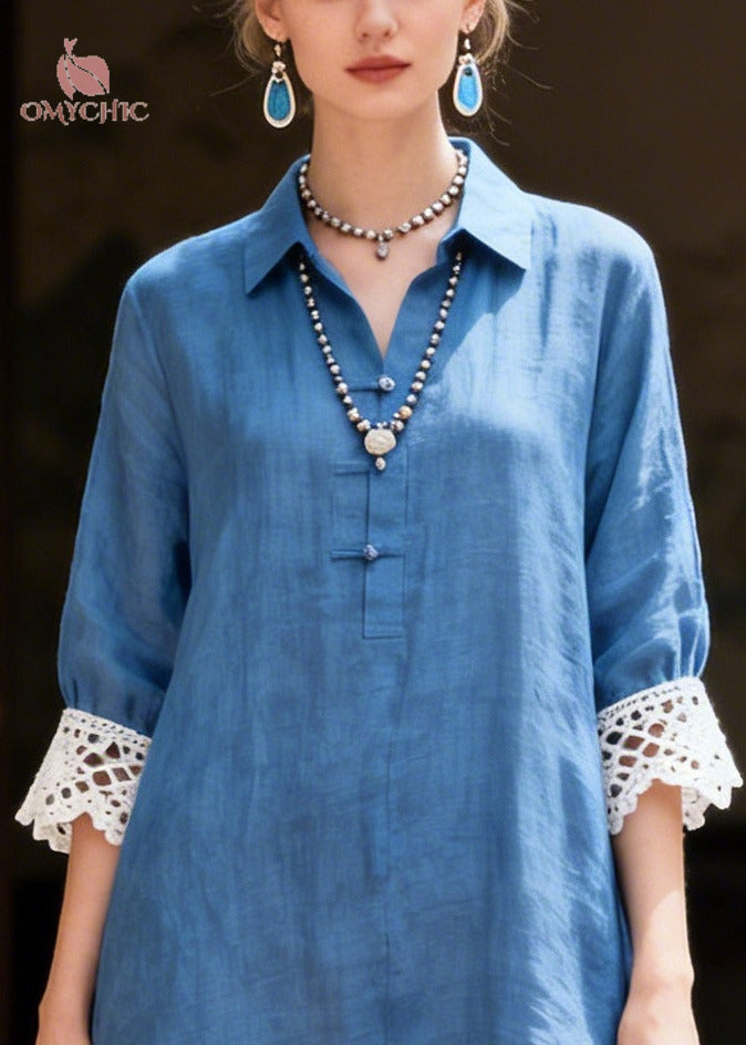 Collared Crochet Lace Cuff High Low Side Slit Linen Maxi Shirt Dress 2
