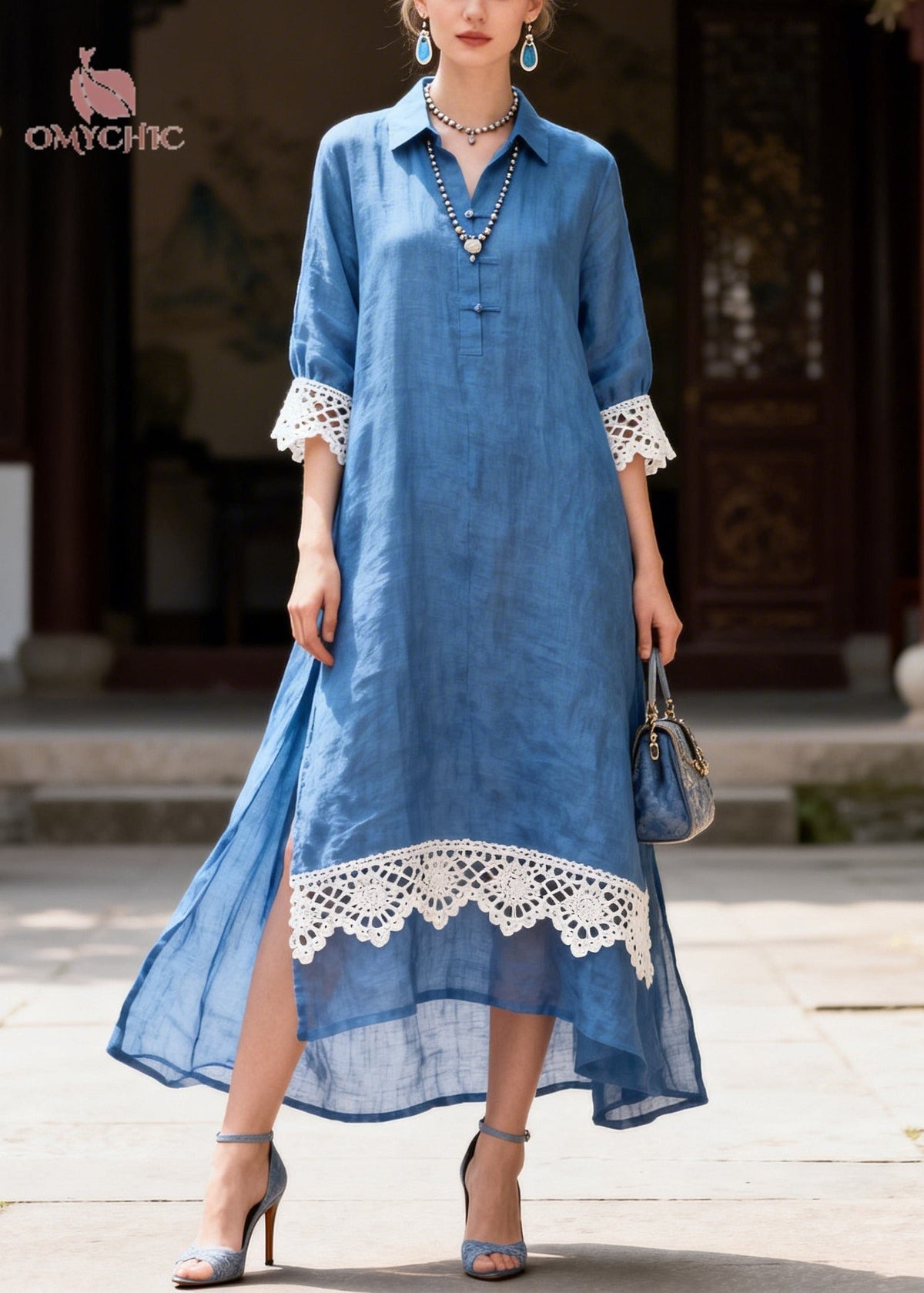 Collared Crochet Lace Cuff High Low Side Slit Linen Maxi Shirt Dress 3