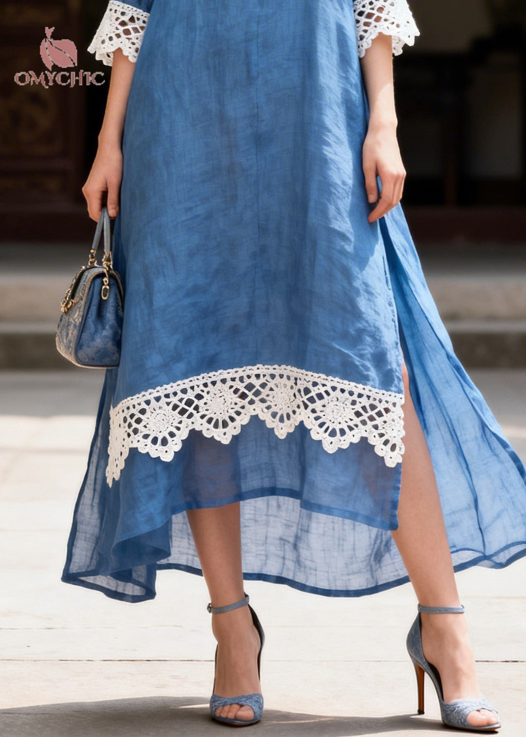 Collared Crochet Lace Cuff High Low Side Slit Linen Maxi Shirt Dress 4