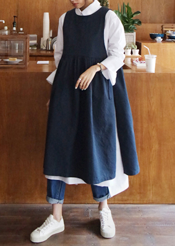 Round Neck Gathered Waist Linen Pinafore Midi Dress