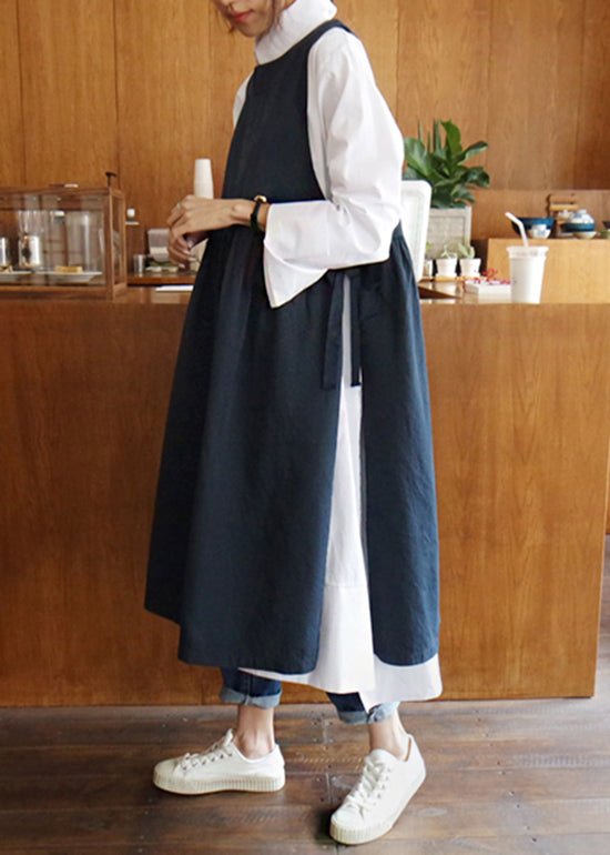 Round Neck Gathered Waist Linen Pinafore Midi Dress 3