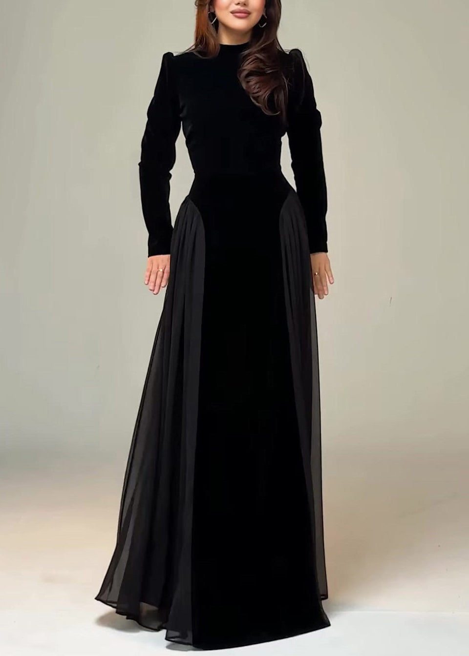Mock Neck Padded Shoulder Velvet Sheer Side Panel Maxi Gown