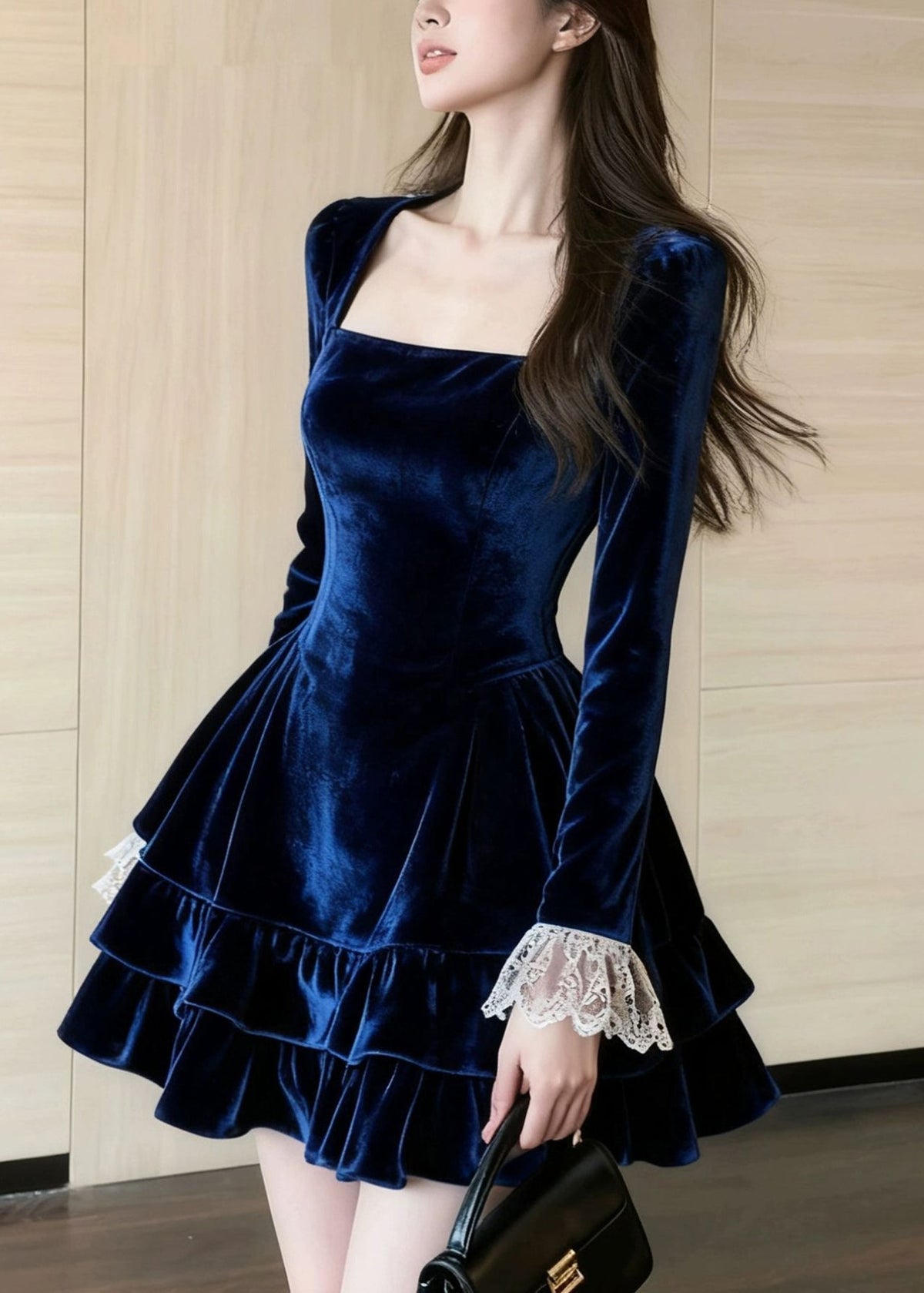 Square Neck Long Sleeve Lace Cuff Tiered Ruffle Velvet Mini Dress