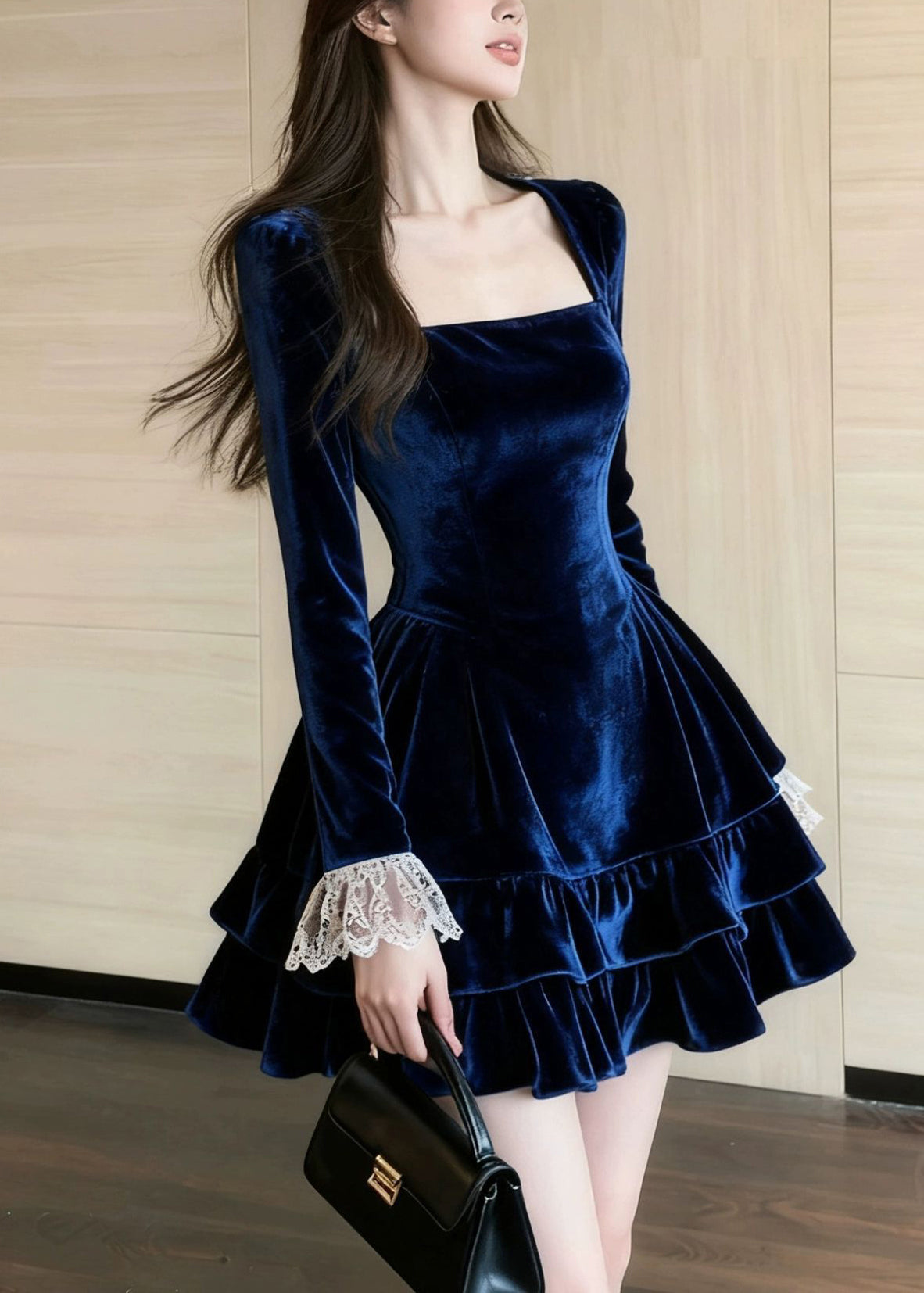 Square Neck Long Sleeve Lace Cuff Tiered Ruffle Velvet Mini Dress 2