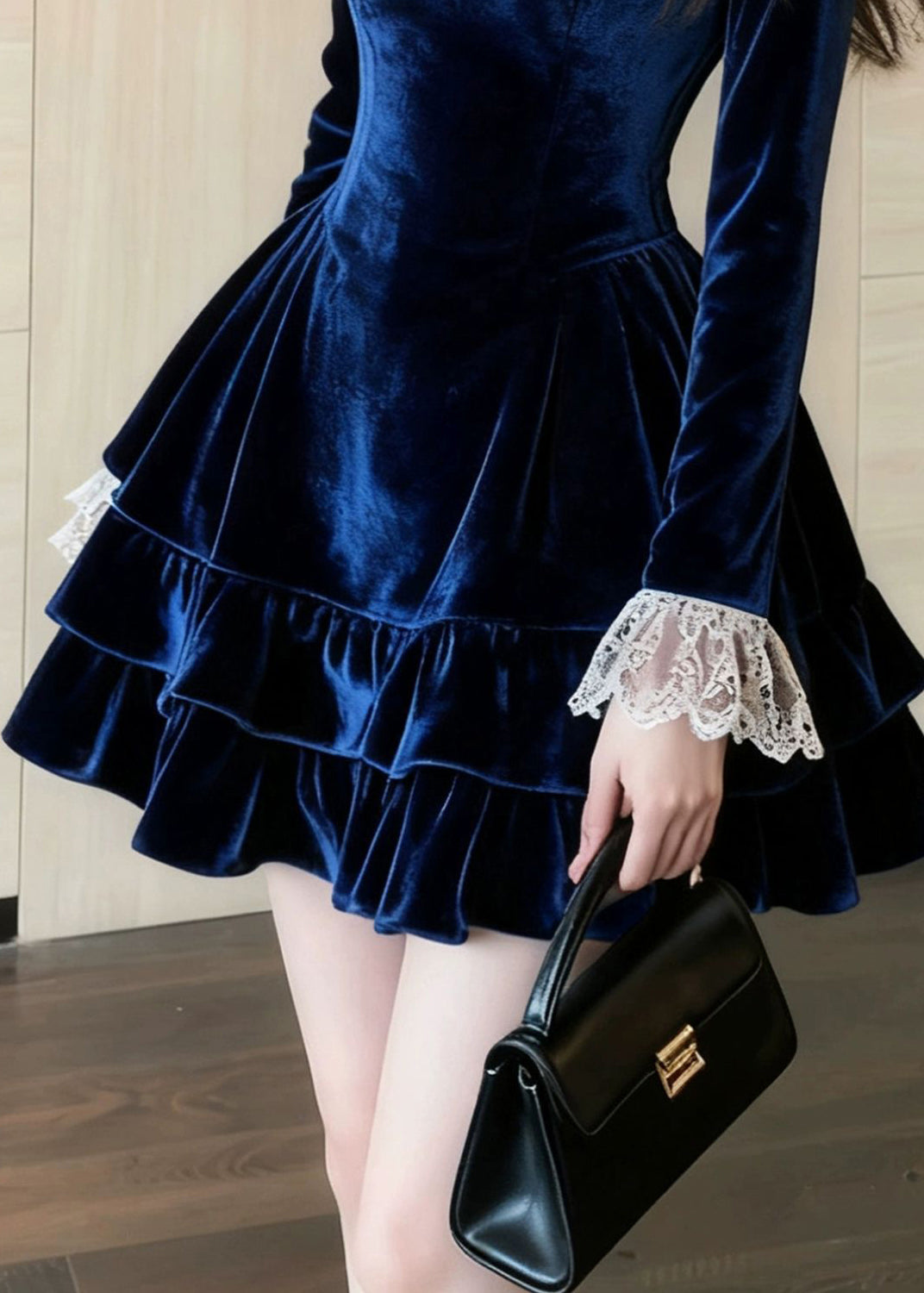 Square Neck Long Sleeve Lace Cuff Tiered Ruffle Velvet Mini Dress 4
