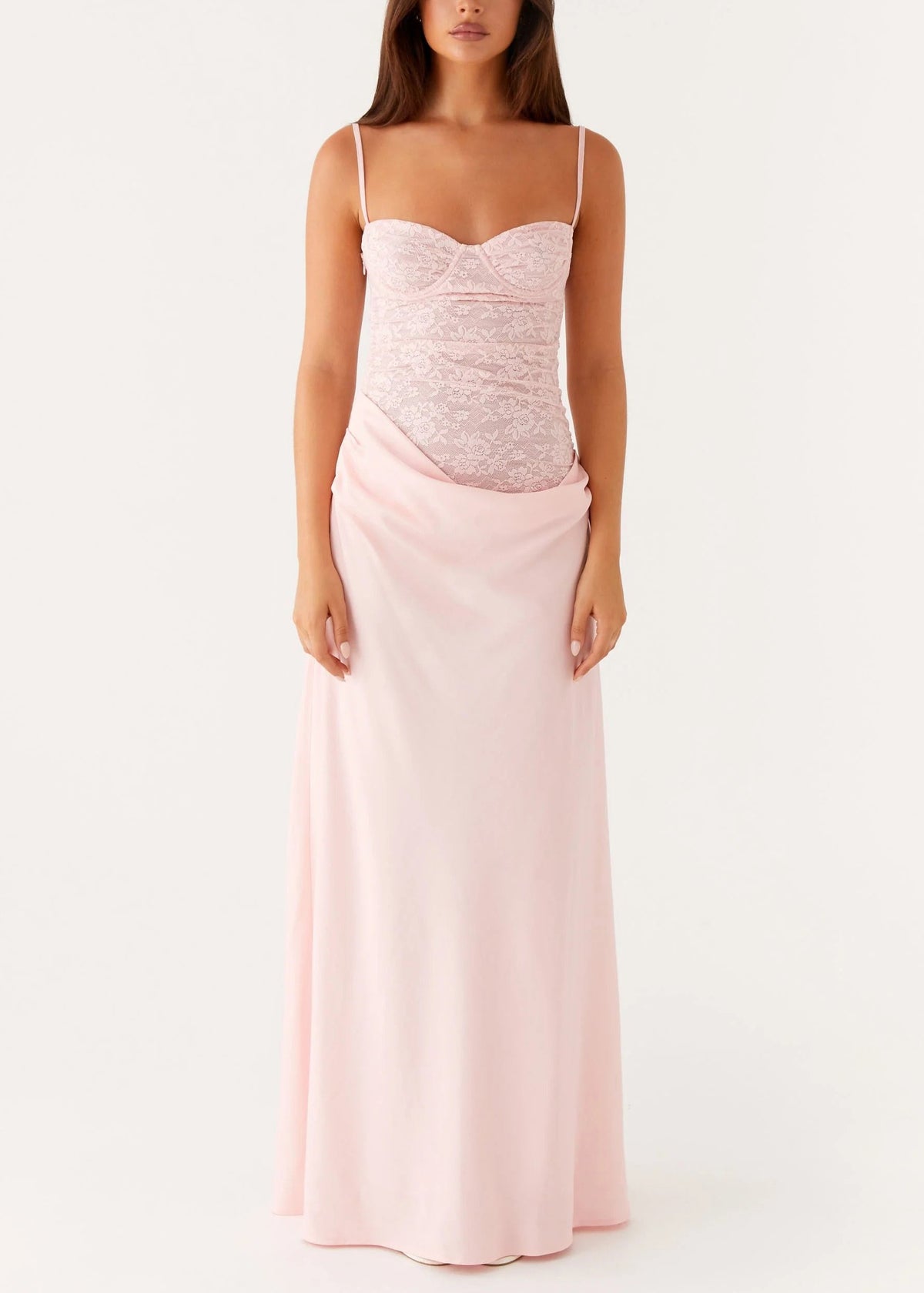 Sweetheart Neck Spaghetti Strap Lace Corset Basque Waist Cowl Skirt Maxi Dress 2