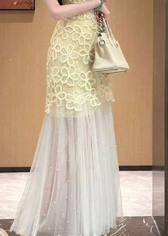 Crew Neck Lace Overlay Pearl-Embellished Tulle Skirt Sleeveless Maxi Dress 5