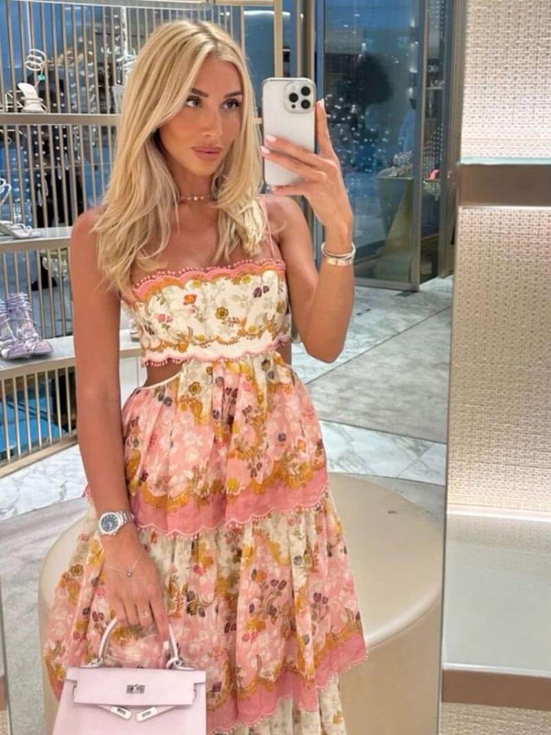 Lace Up Back Scalloped Trim Tiered Floral Print Maxi Set 4