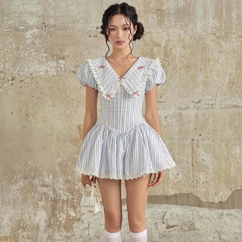 Stripe Eyelet Lace Chelsea Collar Bow Trim Fit and Flare Mini Dress 2
