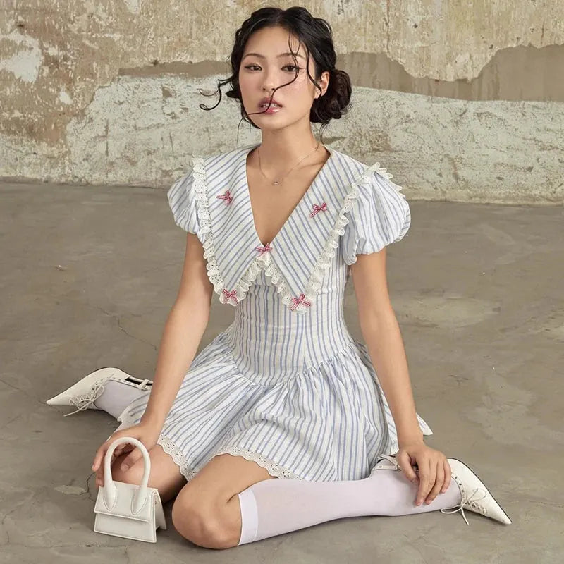 Stripe Eyelet Lace Chelsea Collar Bow Trim Fit and Flare Mini Dress 3
