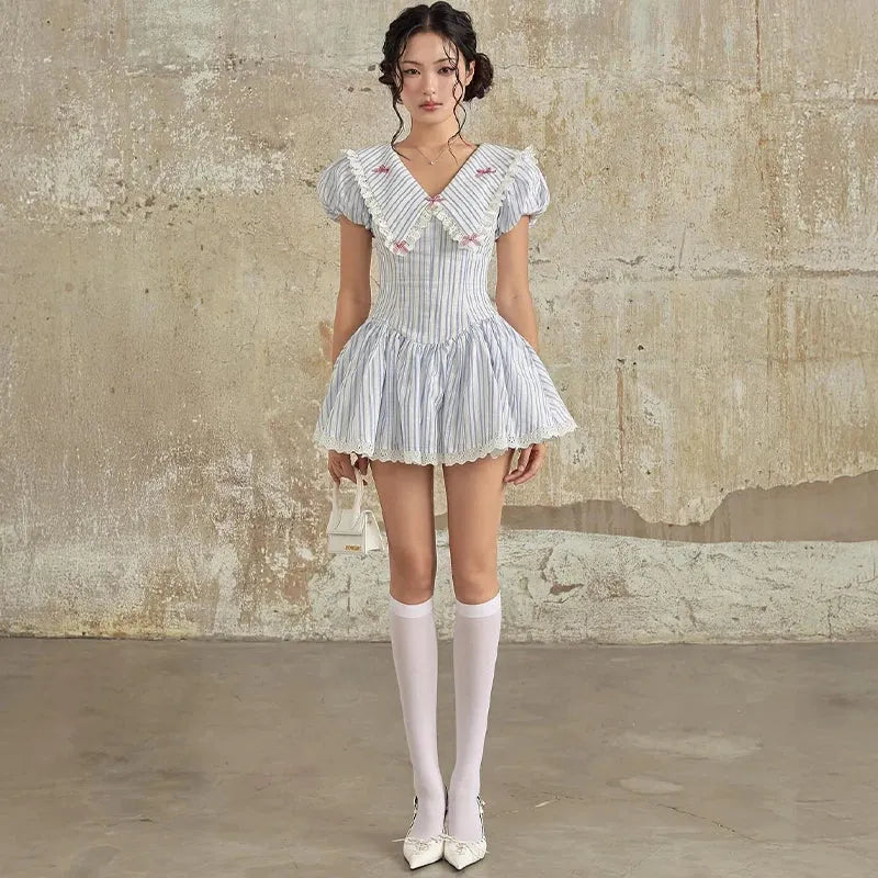 Stripe Eyelet Lace Chelsea Collar Bow Trim Fit and Flare Mini Dress 4
