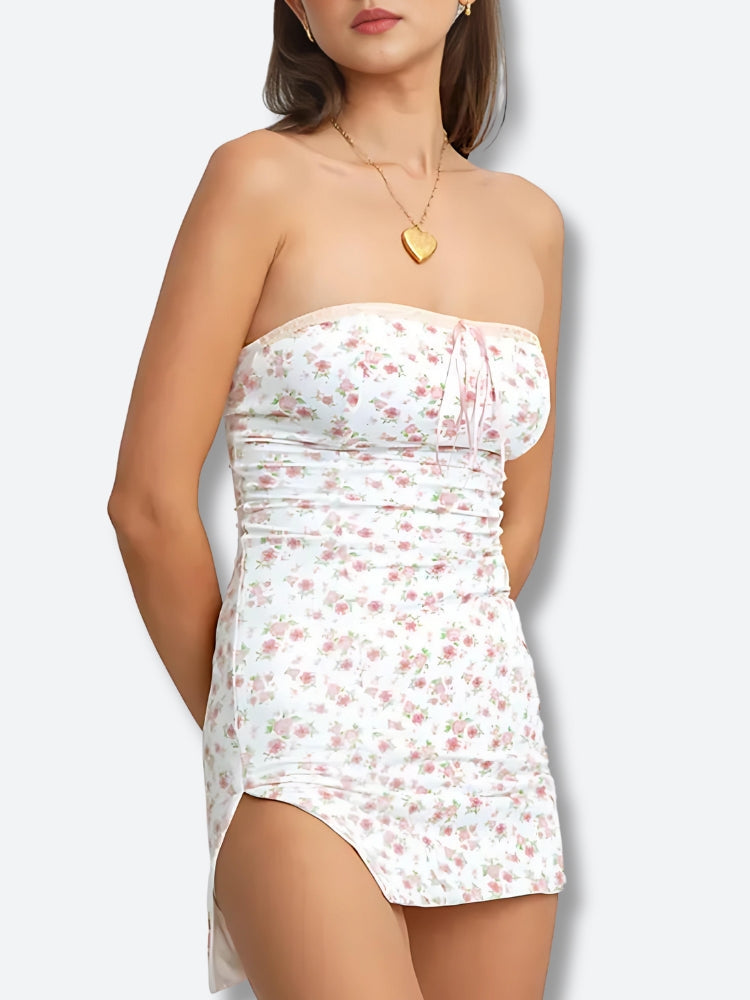 Ditsy Floral Lace Trim Drawstring Strapless Ruched Tube Mini Dress