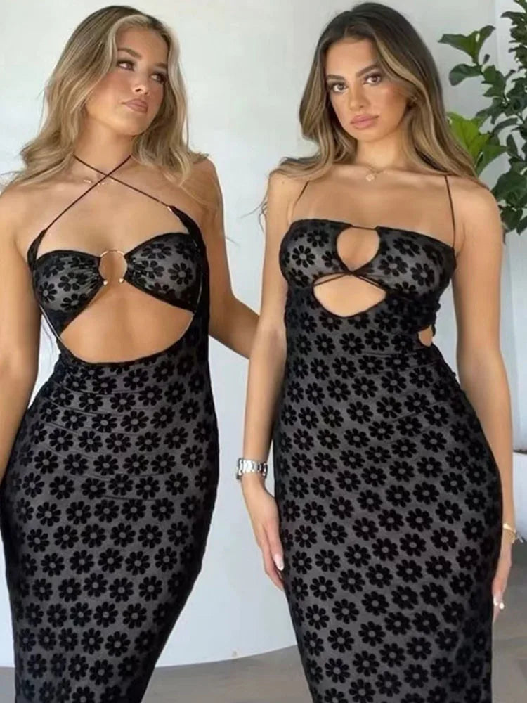 Halter Ring Hardware Under Bust Cutout Burnout Floral Flock Bodycon Maxi Dress 4