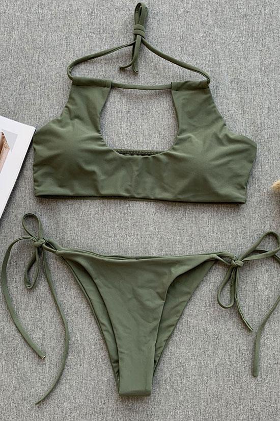 Green Tied String Side Halter Cutout Bikini - Two Piece Swimsuit