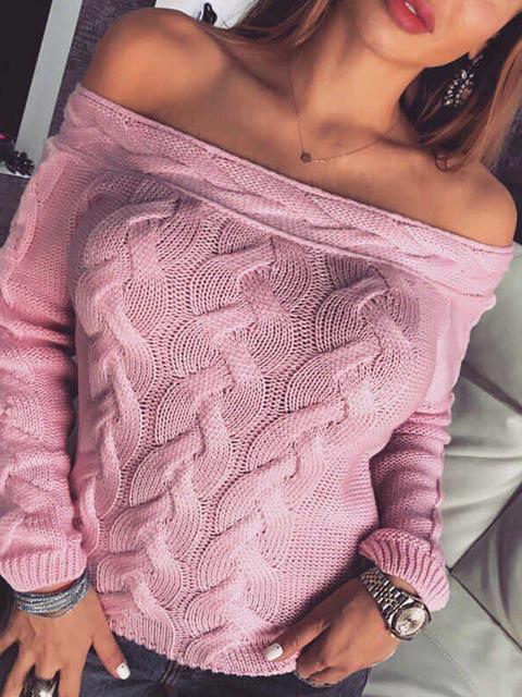 Solid Color One-shoulder Twist Knit Sweater