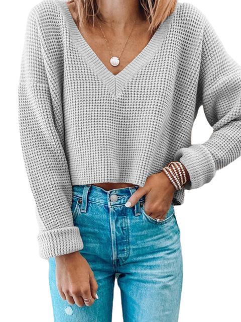Solid Colored V-neck Pullover Short Sweater Jumper