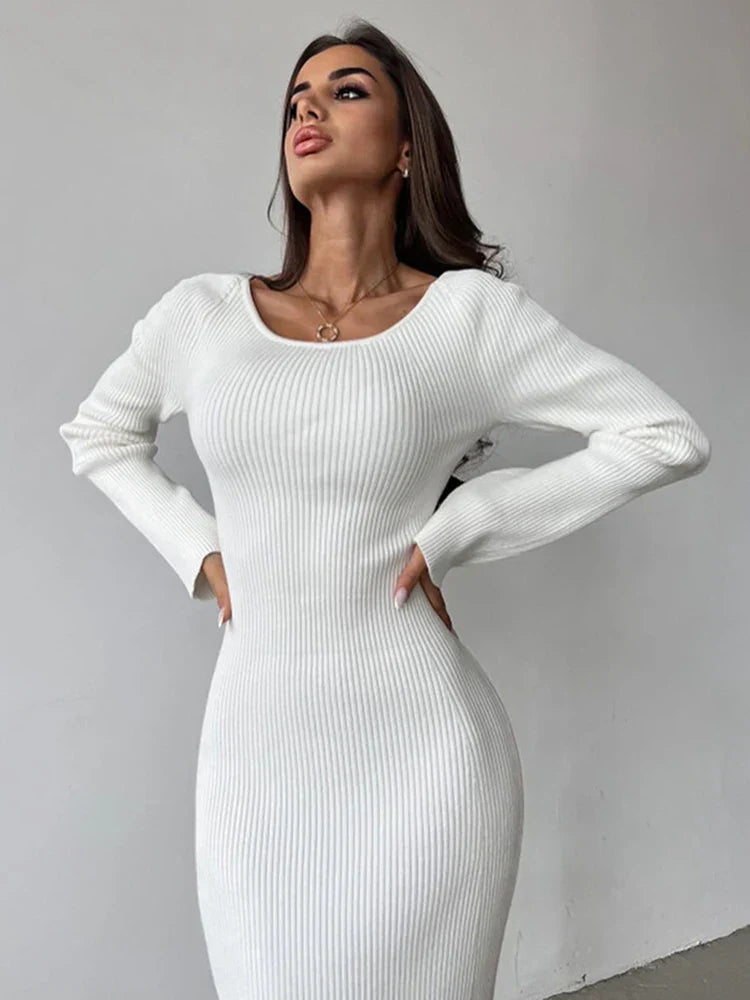Ribbed Knit Twist Front Sweetheart Cutout Long Sleeve Bodycon Maxi Dress 3