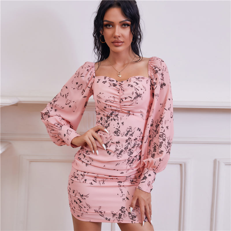 Sweetheart Neck Bishop Puff Sleeve Botanical Print Ruched Bodycon Mini Dress