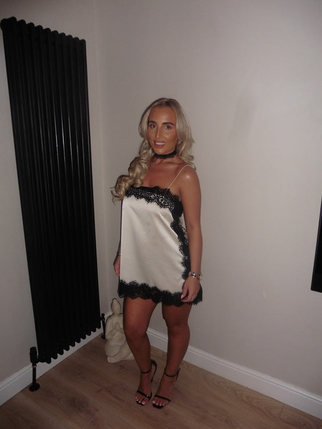 Spaghetti Strap Square Neck Lace Trim Satin Shift Mini Dress